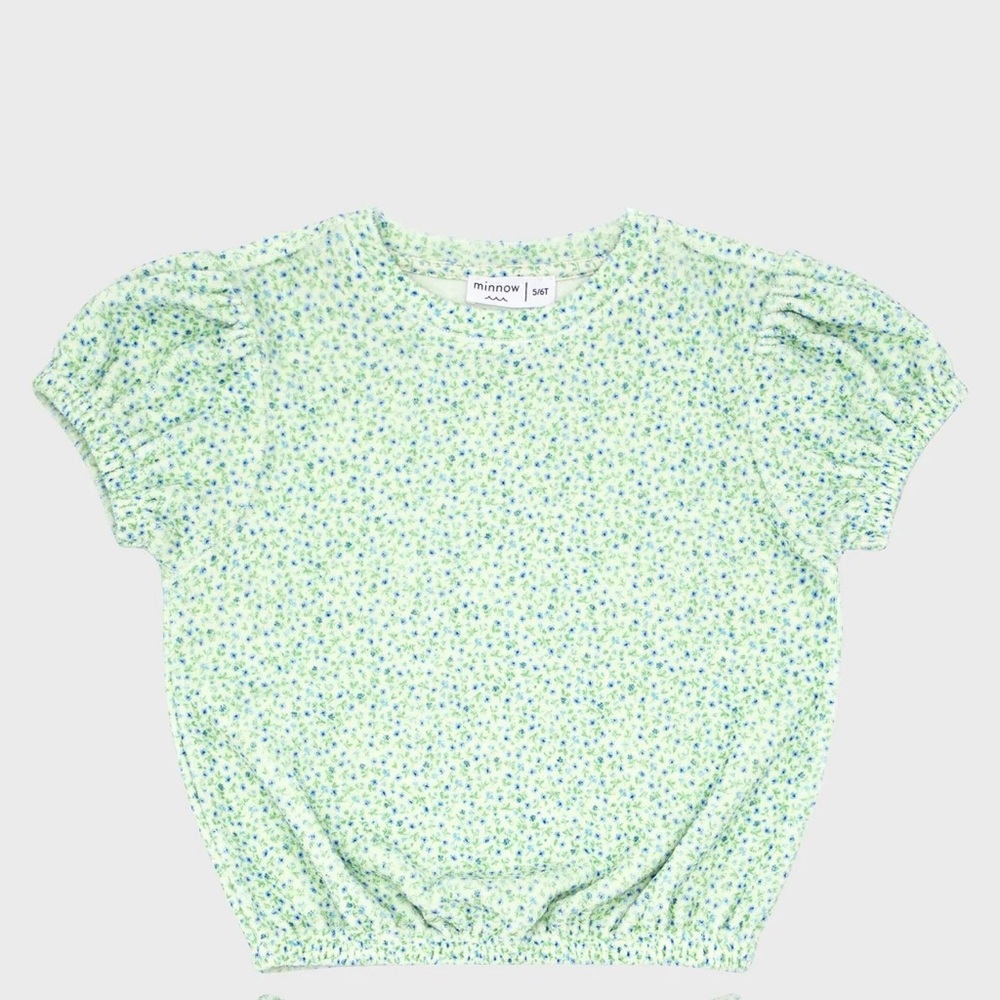 Minnow Girls Regatta Blue Ditsy Floral Puff Sleeve French Terry Top Size 9/10
